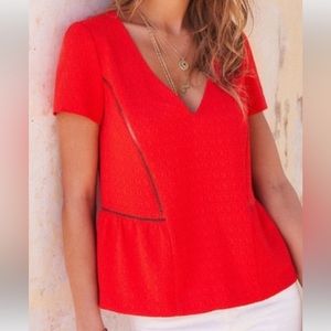 EUC Sezane Amanda Coral Red V-neck Ladder Stitch Blouse - Size 36